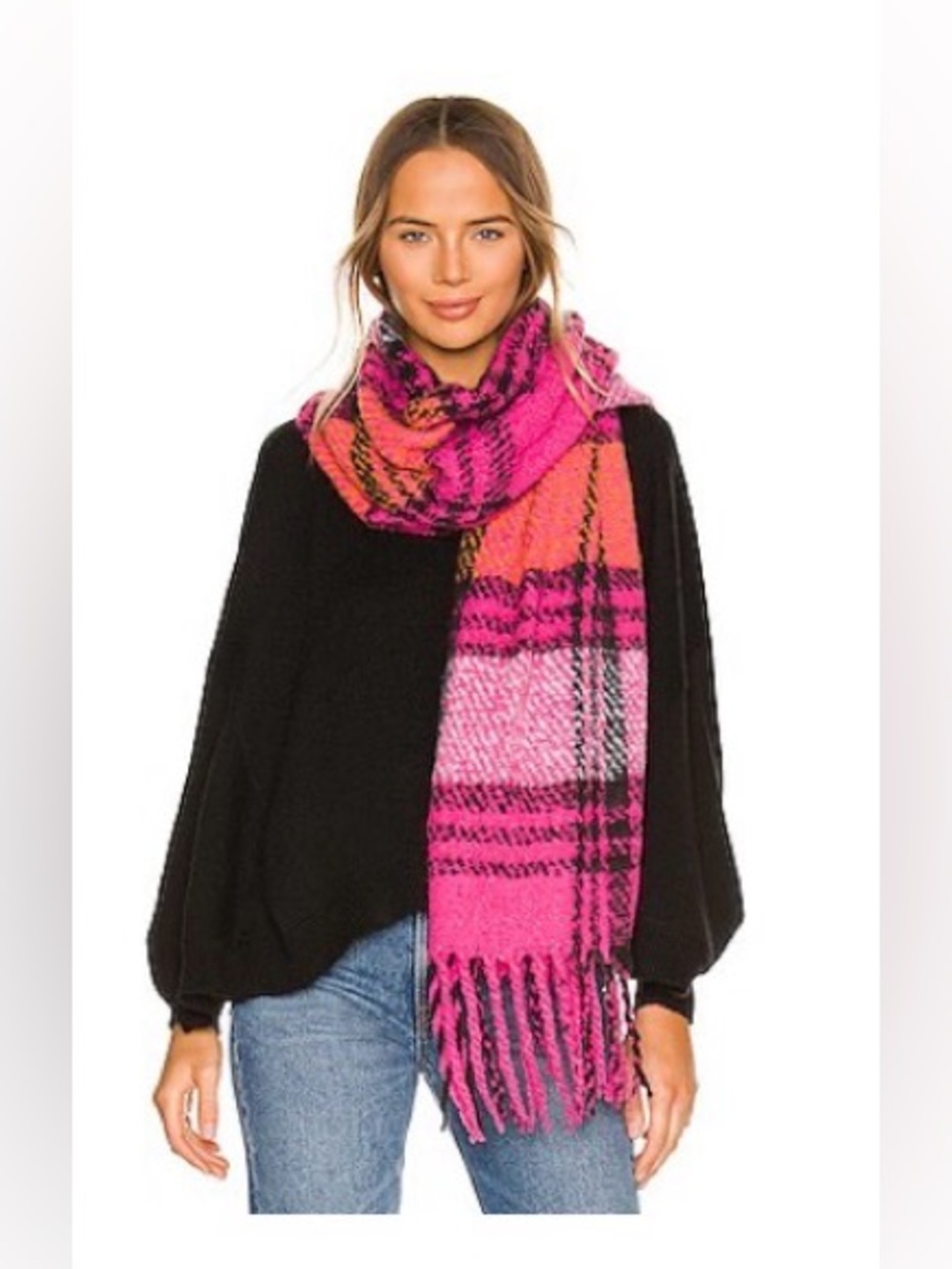 Free People Bubblegum Combo Oversized
Plaid Fringe Blanket Scarf nwt